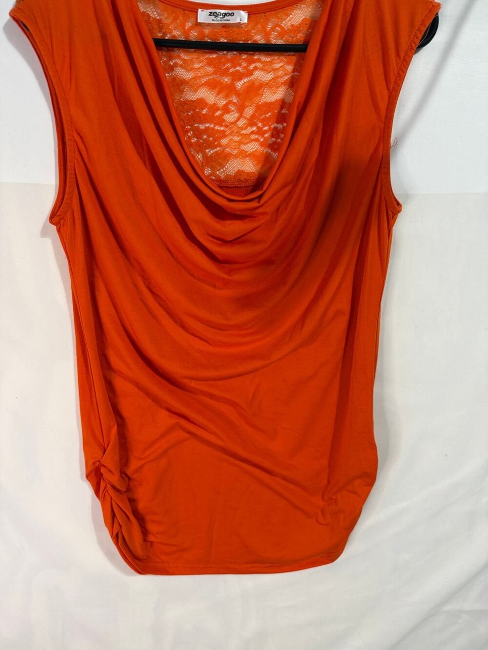 Zeagoo Women’s L Orange Cowl Neck Lace Back Ruched Sleeveless Tank Top